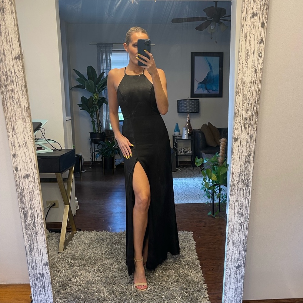 Lulu’s sexy and sophisticated all black satin dress with slit- Sz small